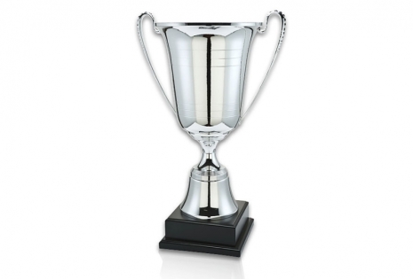 Pokal London - Exklusiv sttlig pokal i silverfrgad metall med tv handtag, svart fot
