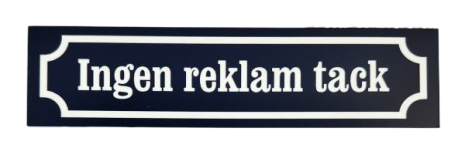 Ingen reklam tack brevldeskylt SOLBACKEN bl med vit graverad text