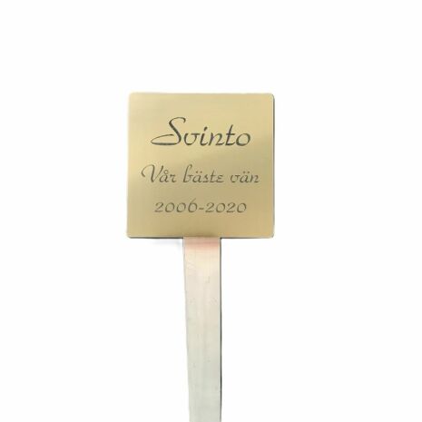 Gravskylt till djur i plast med orden 